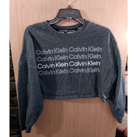 Calvin Klein Sz S Crop Sweatshirt Crewneck Gray Long Sleeve Performance Logo - Picture 1 of 5